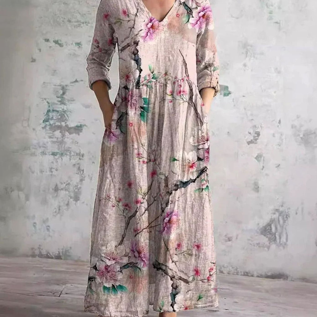 Women's Boho Floral V-Neck 3/4 Sleeve Maxi Dress
