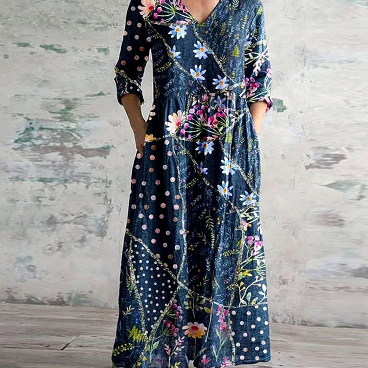 Women's Boho Floral V-Neck 3/4 Sleeve Maxi Dress