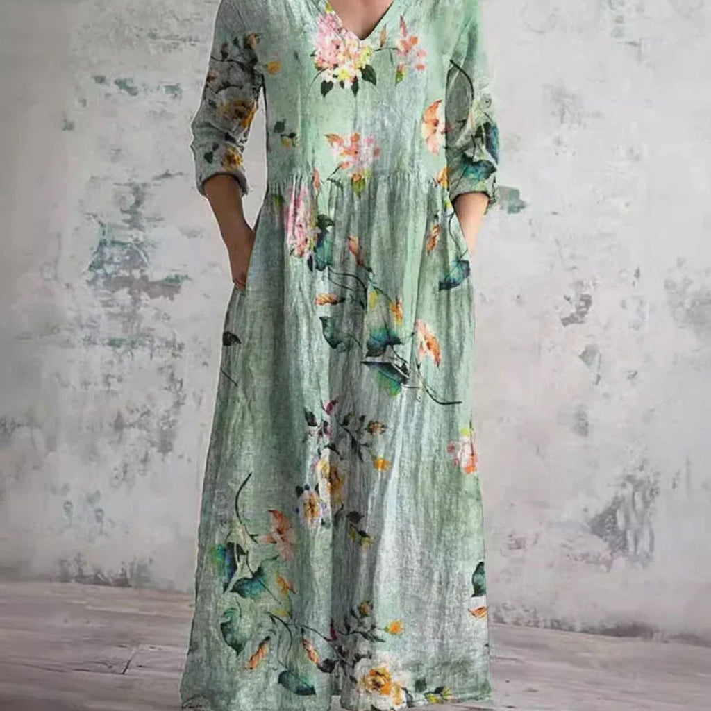 Women's Boho Floral V-Neck 3/4 Sleeve Maxi Dress