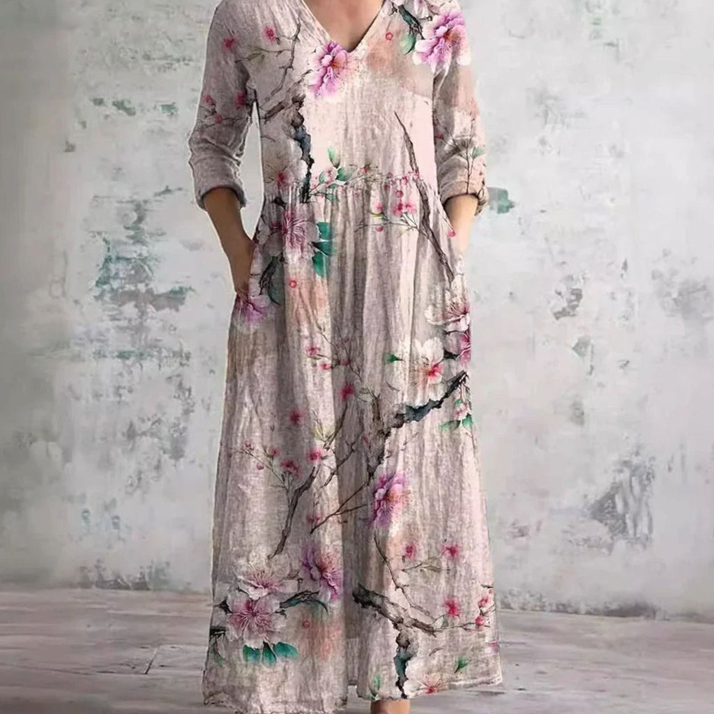 Women's Boho Floral V-Neck 3/4 Sleeve Maxi Dress