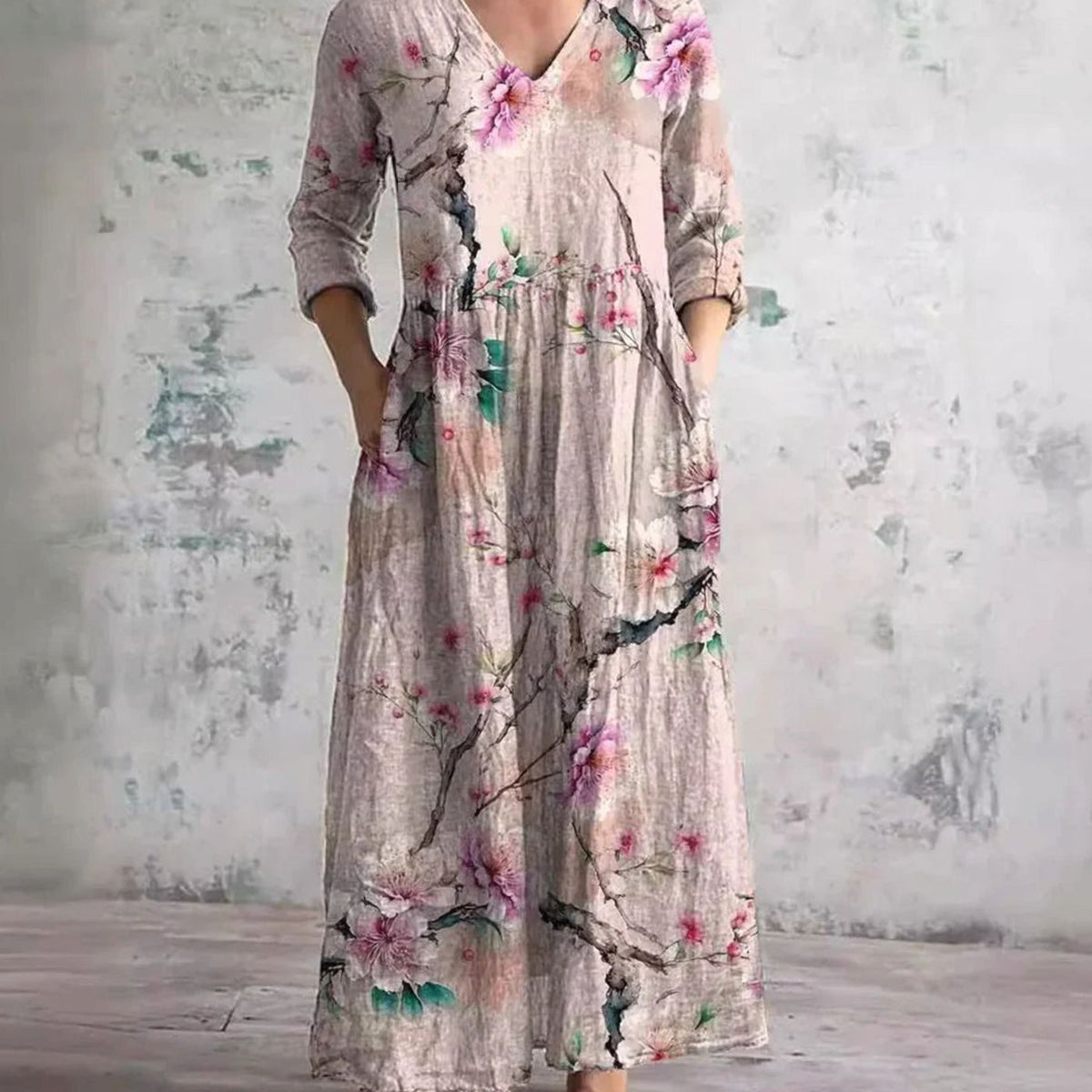 Women's Boho Floral V-Neck 3/4 Sleeve Maxi Dress