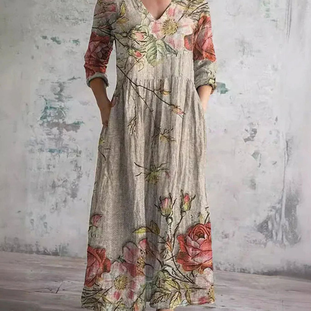 Women's Boho Floral V-Neck 3/4 Sleeve Maxi Dress