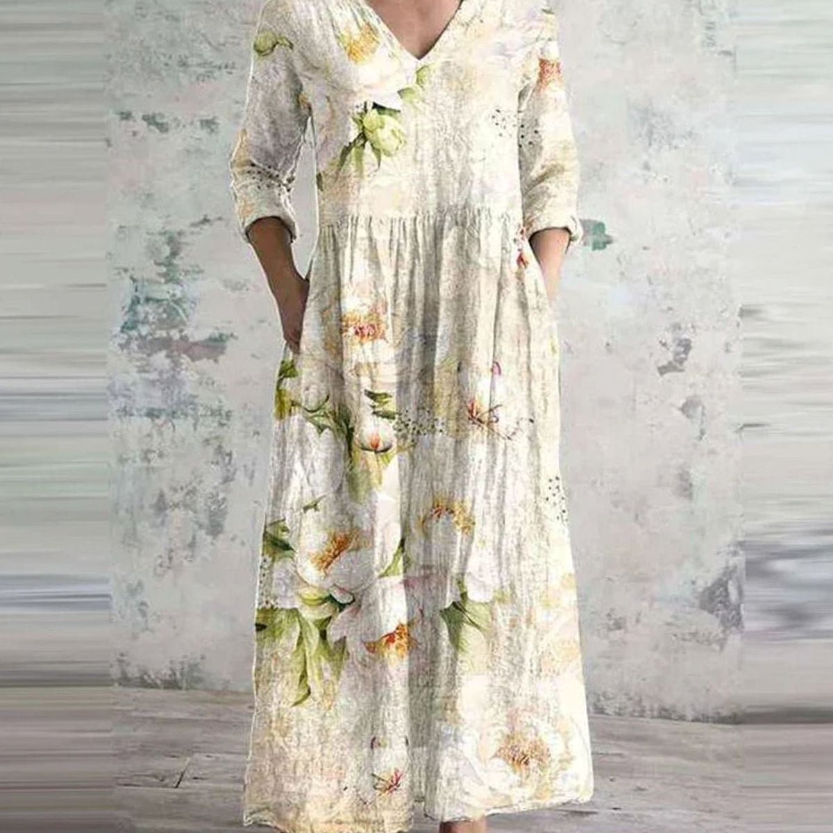 Women's Boho Floral V-Neck 3/4 Sleeve Maxi Dress