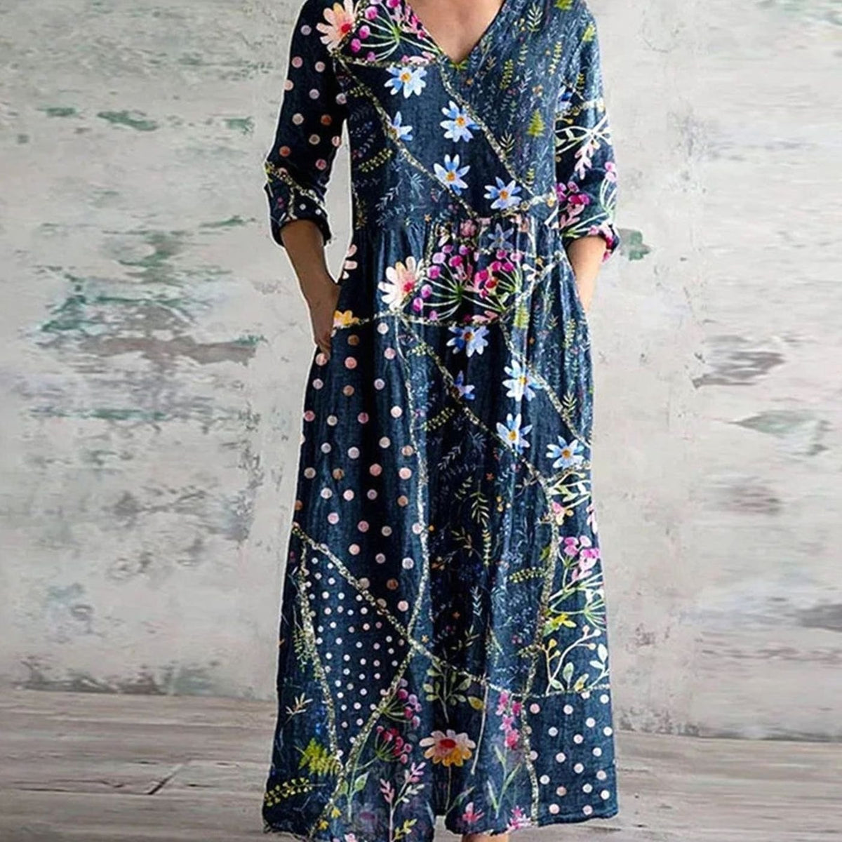 Women's Boho Floral V-Neck 3/4 Sleeve Maxi Dress