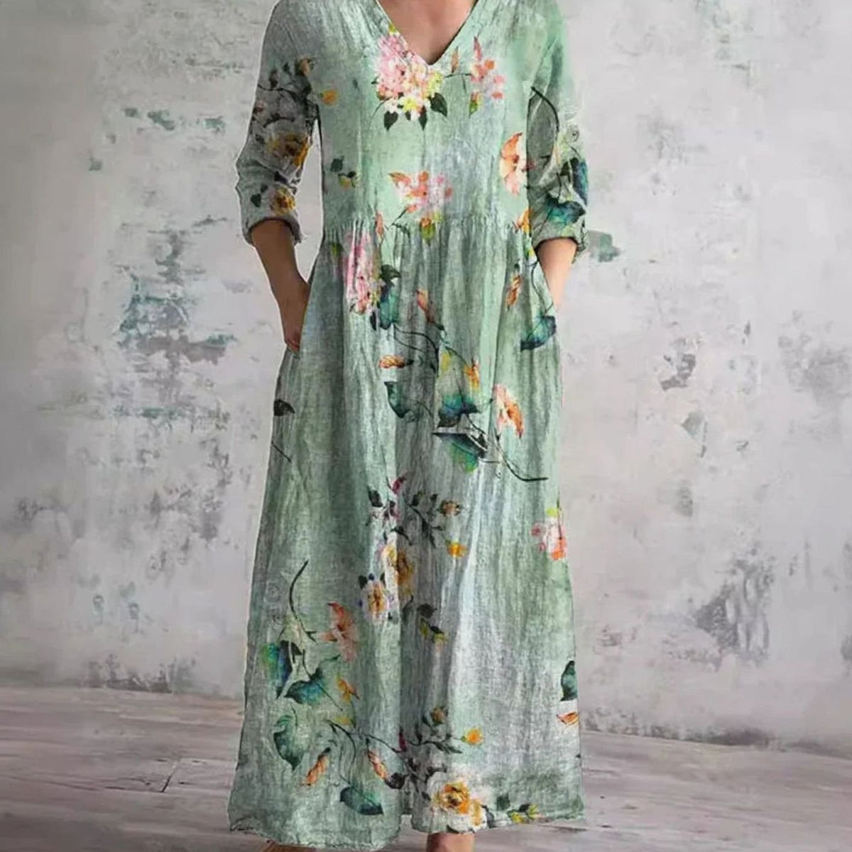 Women's Boho Floral V-Neck 3/4 Sleeve Maxi Dress
