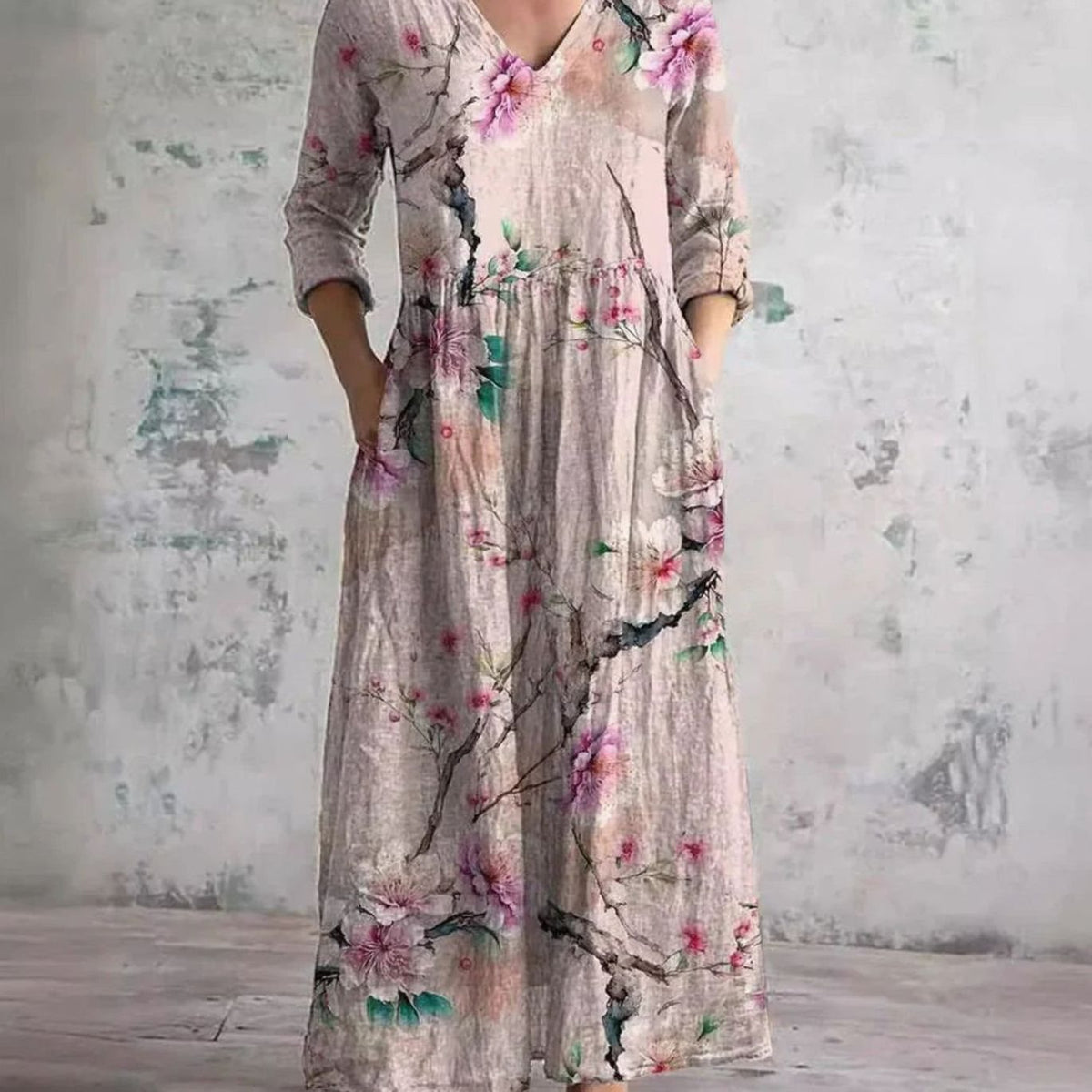 Women's Boho Floral V-Neck 3/4 Sleeve Maxi Dress