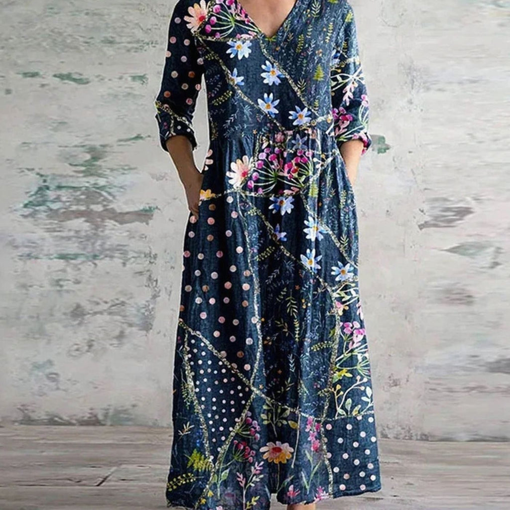 Women's Boho Floral V-Neck 3/4 Sleeve Maxi Dress