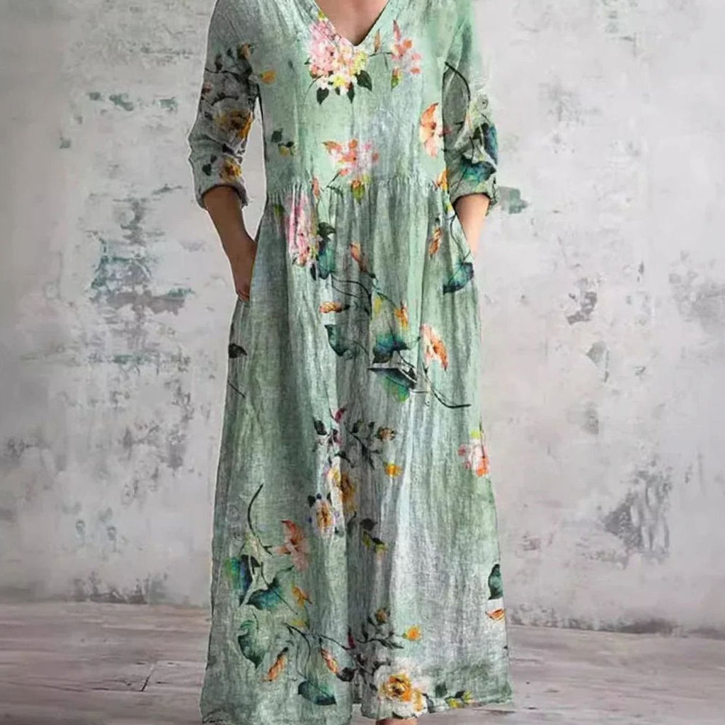 Women's Boho Floral V-Neck 3/4 Sleeve Maxi Dress