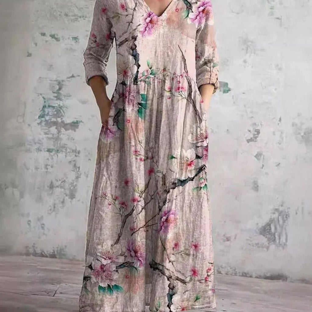 Women's Boho Floral V-Neck 3/4 Sleeve Maxi Dress