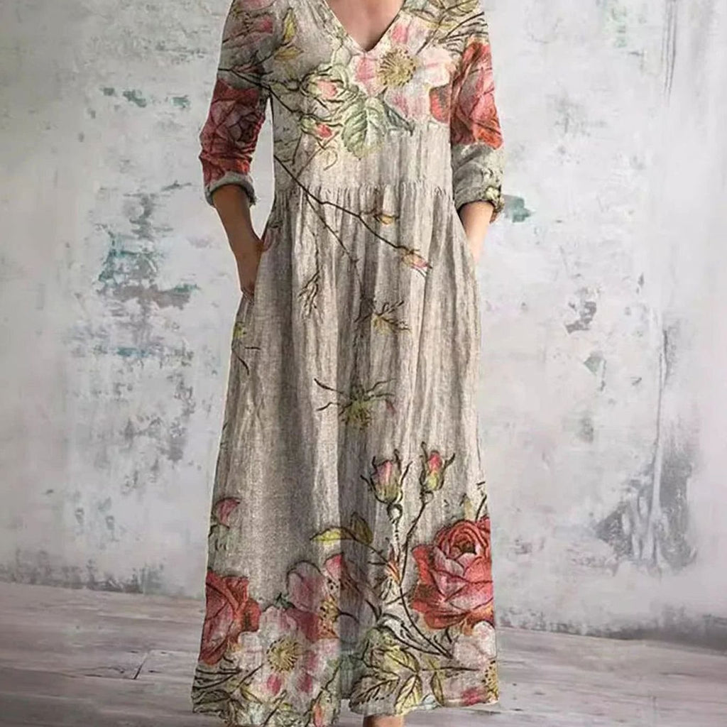 Women's Boho Floral V-Neck 3/4 Sleeve Maxi Dress - Beige