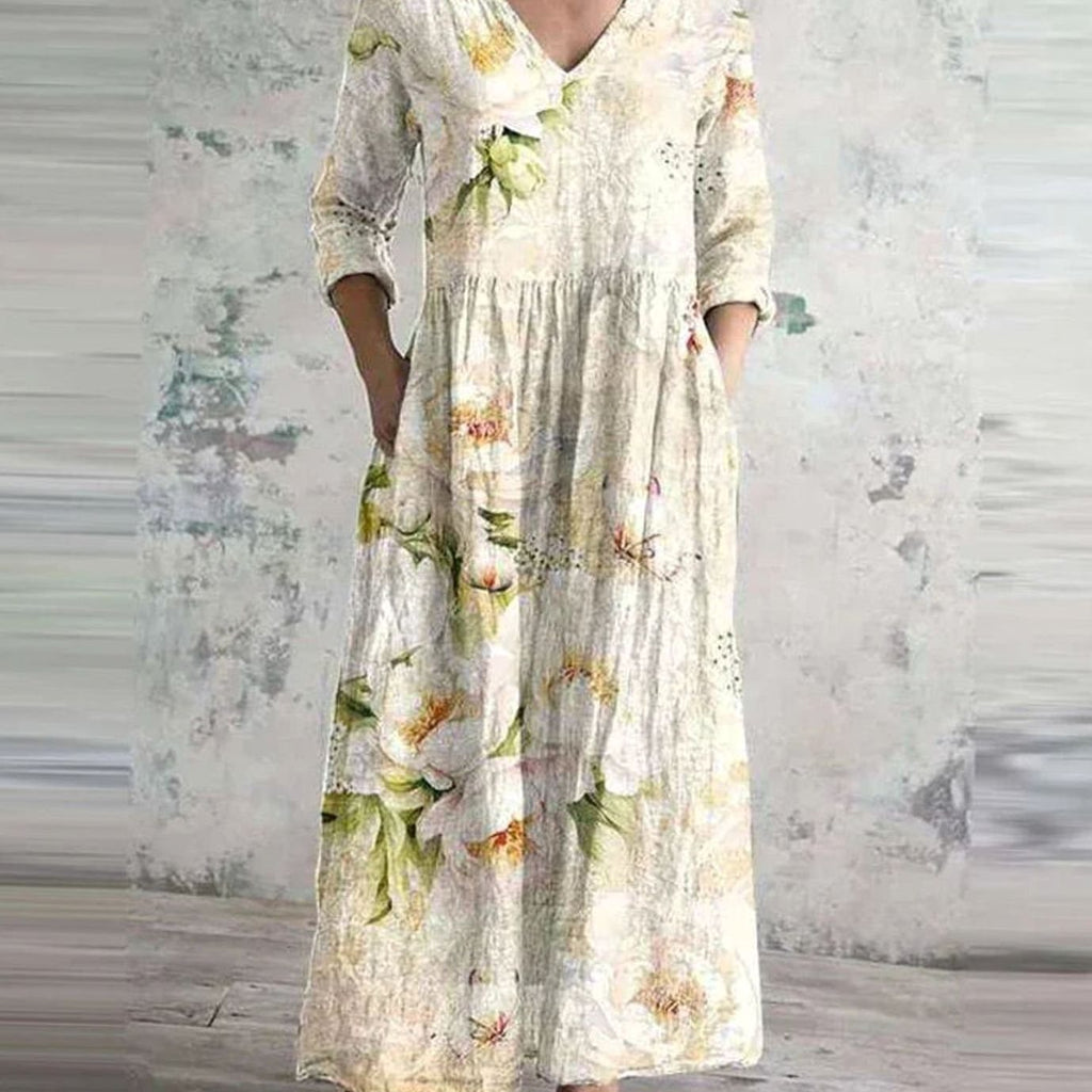 Women's Boho Floral V-Neck 3/4 Sleeve Maxi Dress - White
