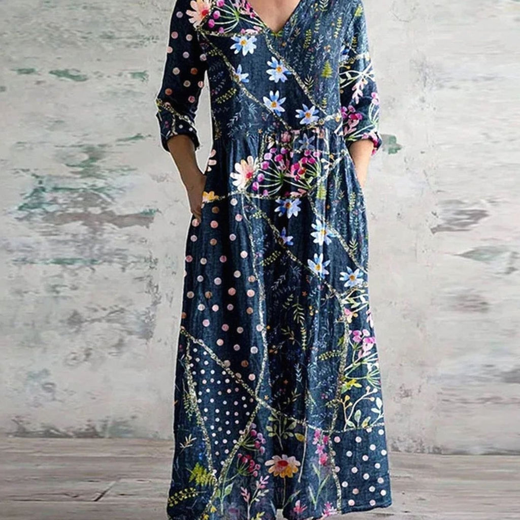 Women's Boho Floral V-Neck 3/4 Sleeve Maxi Dress - Blue