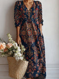 Women's Boho Floral V-Neck Long Sleeve Maxi Dress - Multicolor