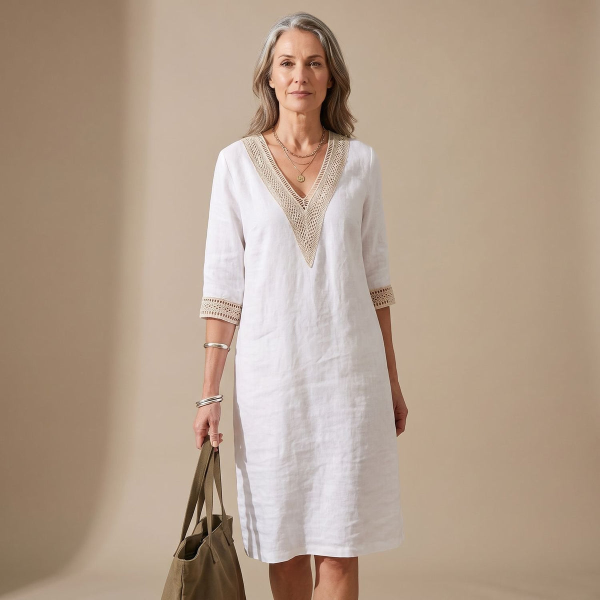 Women's Boho Lace-Trim V-Neck 3/4 Sleeve Midi Dress - White