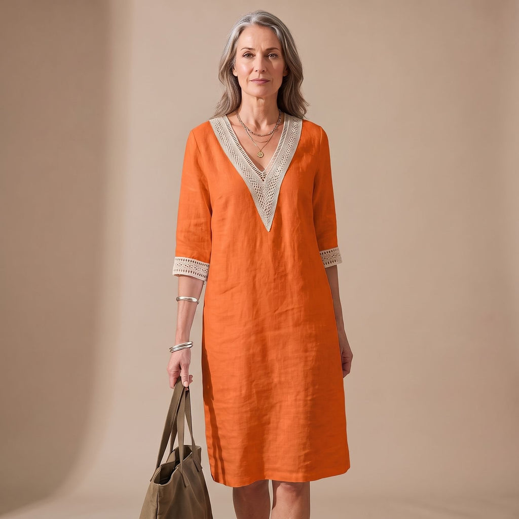 Women's Boho Lace-Trim V-Neck 3/4 Sleeve Midi Dress - Orange
