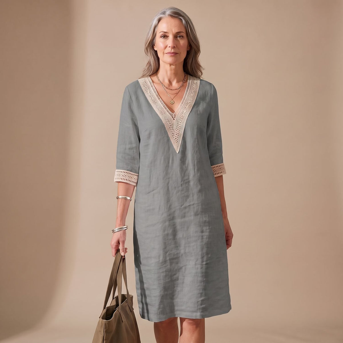 Women's Boho Lace-Trim V-Neck 3/4 Sleeve Midi Dress - Gray