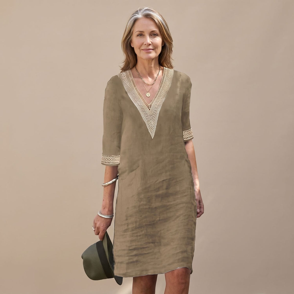 Women's Boho Lace-Trim V-Neck 3/4 Sleeve Midi Dress - Khaki