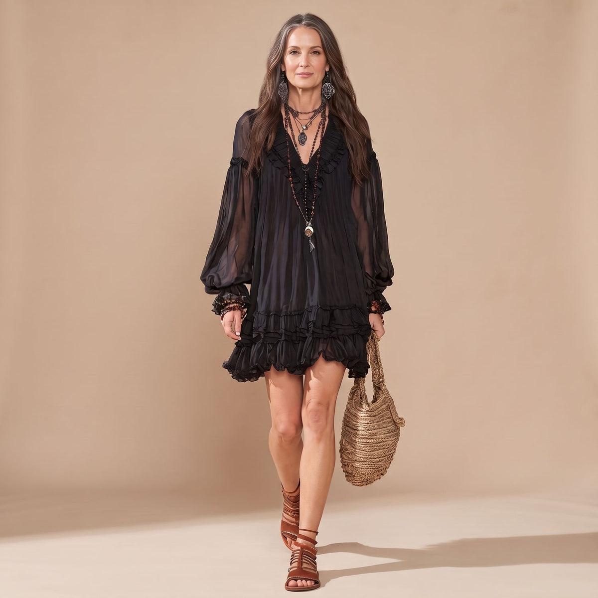 Women's Boho Long Sleeve Mini Dress Ruffle V-Neck Chiffon
