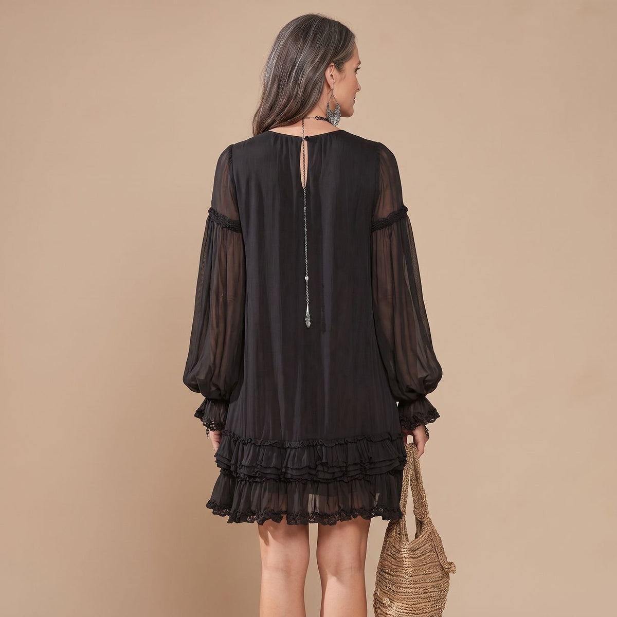 Women's Boho Long Sleeve Mini Dress Ruffle V-Neck Chiffon