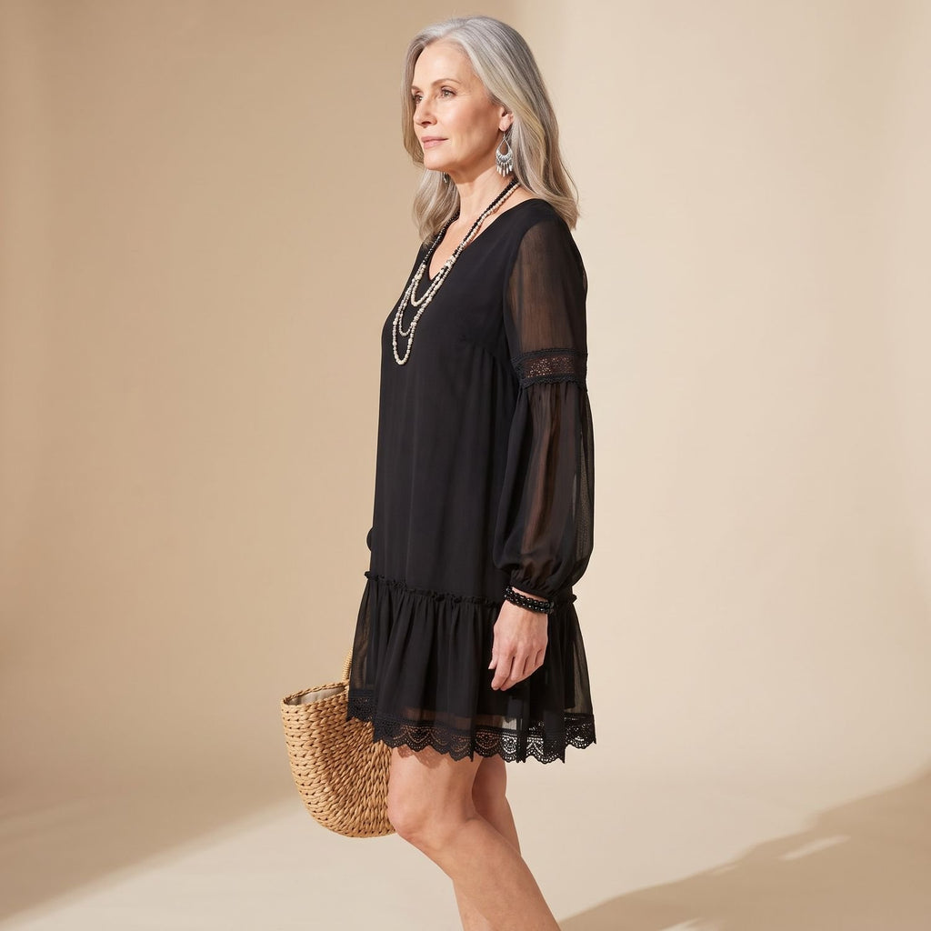 Women's Boho Long Sleeve Mini Dress Ruffle V-Neck Chiffon