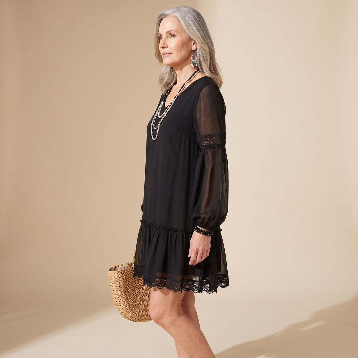 Women's Boho Long Sleeve Mini Dress Ruffle V-Neck Chiffon