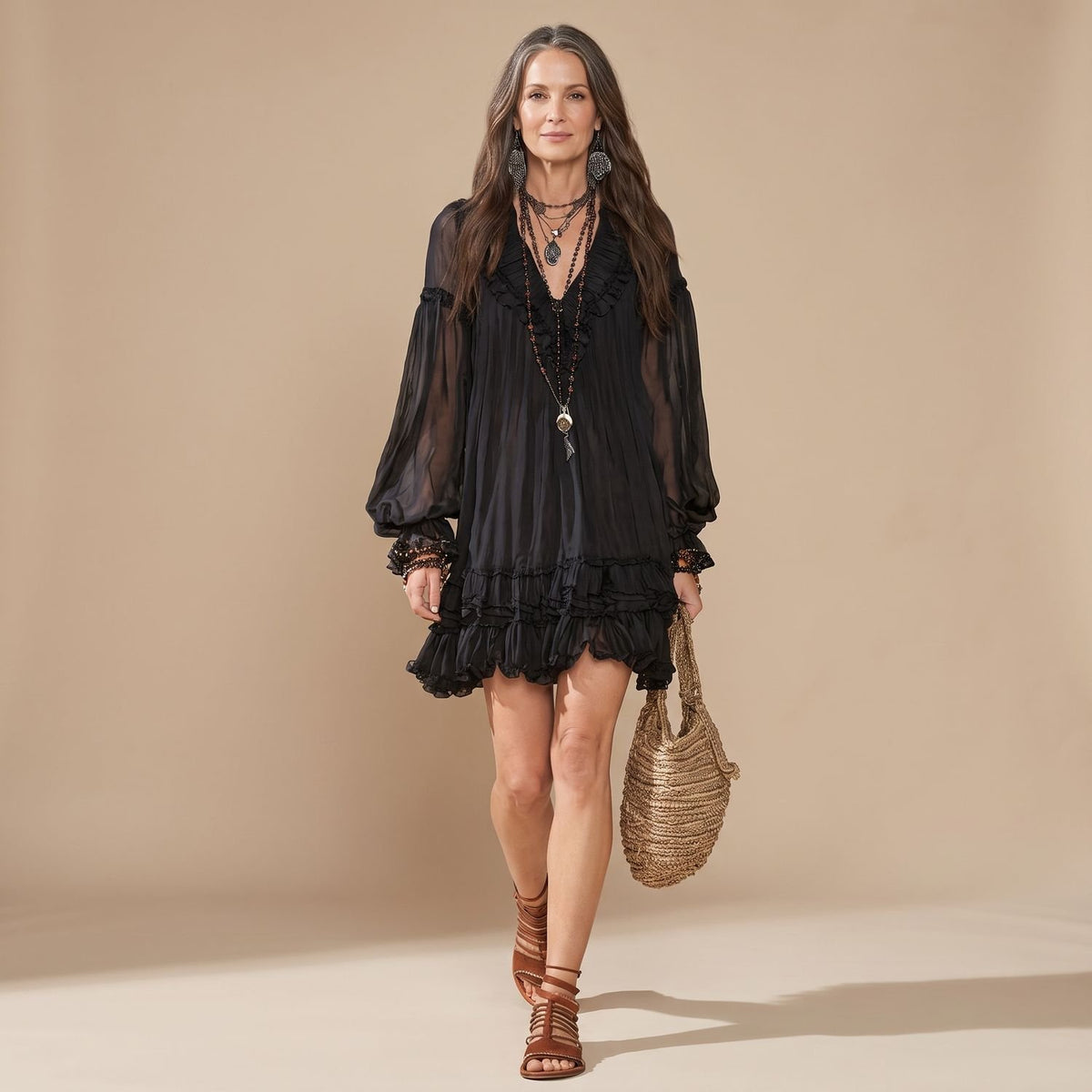 Women's Boho Long Sleeve Mini Dress Ruffle V-Neck Chiffon
