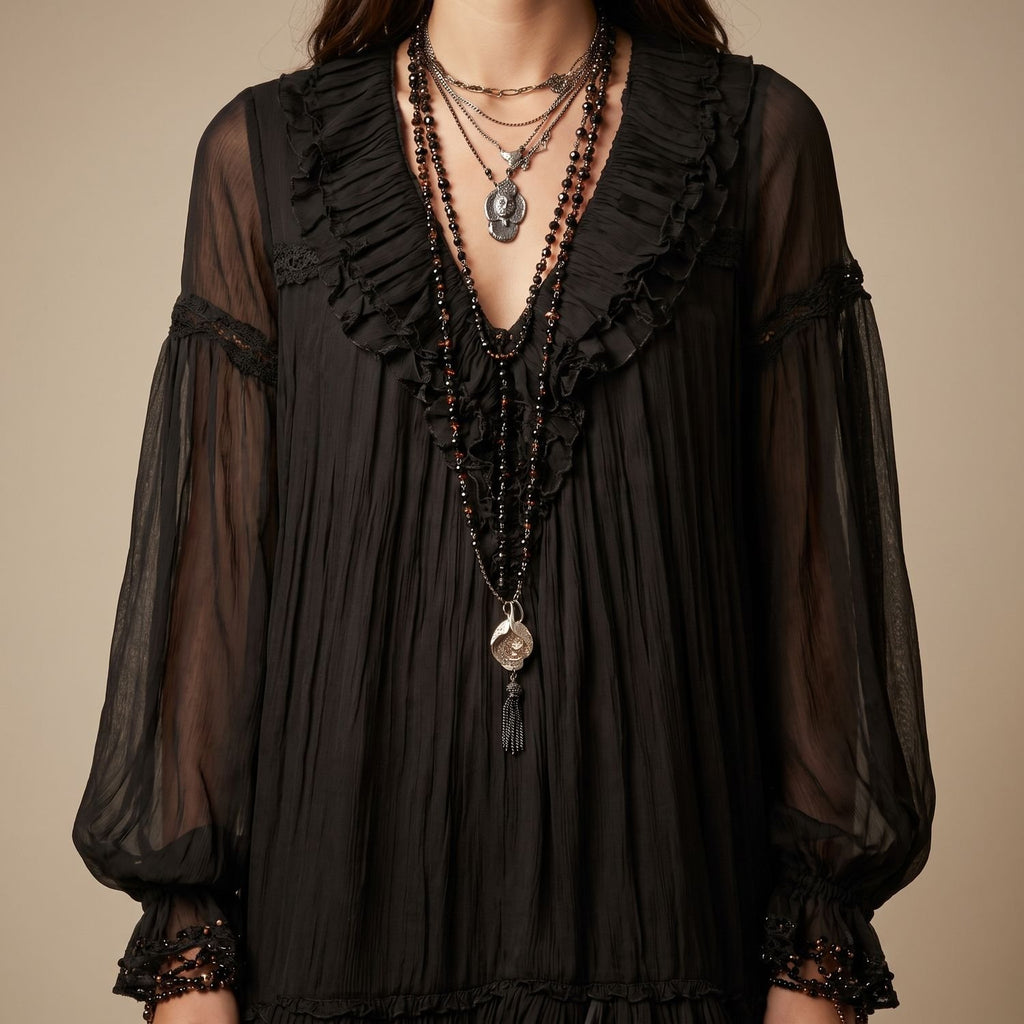 Women's Boho Long Sleeve Mini Dress Ruffle V-Neck Chiffon