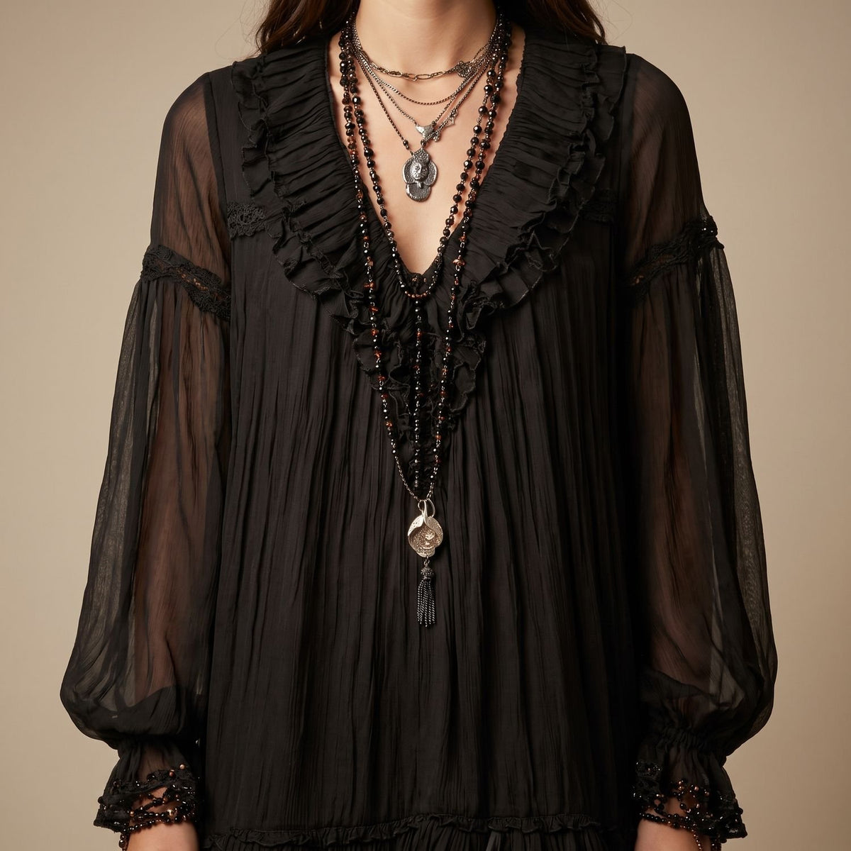 Women's Boho Long Sleeve Mini Dress Ruffle V-Neck Chiffon