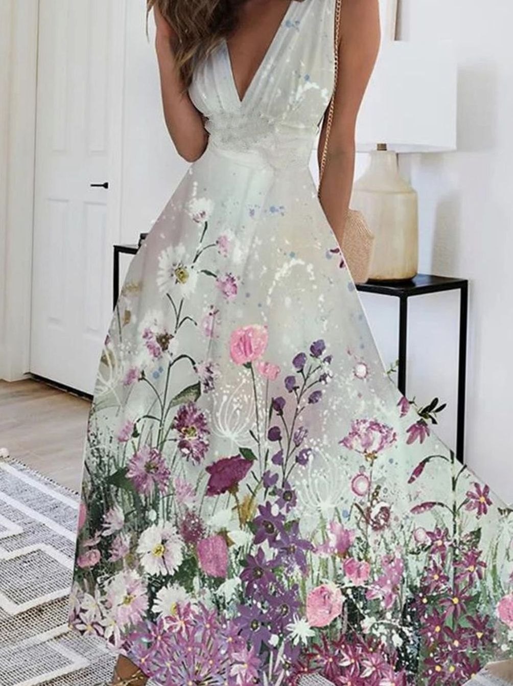 Women's Boho Sleeveless V-Neck Floral Maxi Dress - 2 Flower