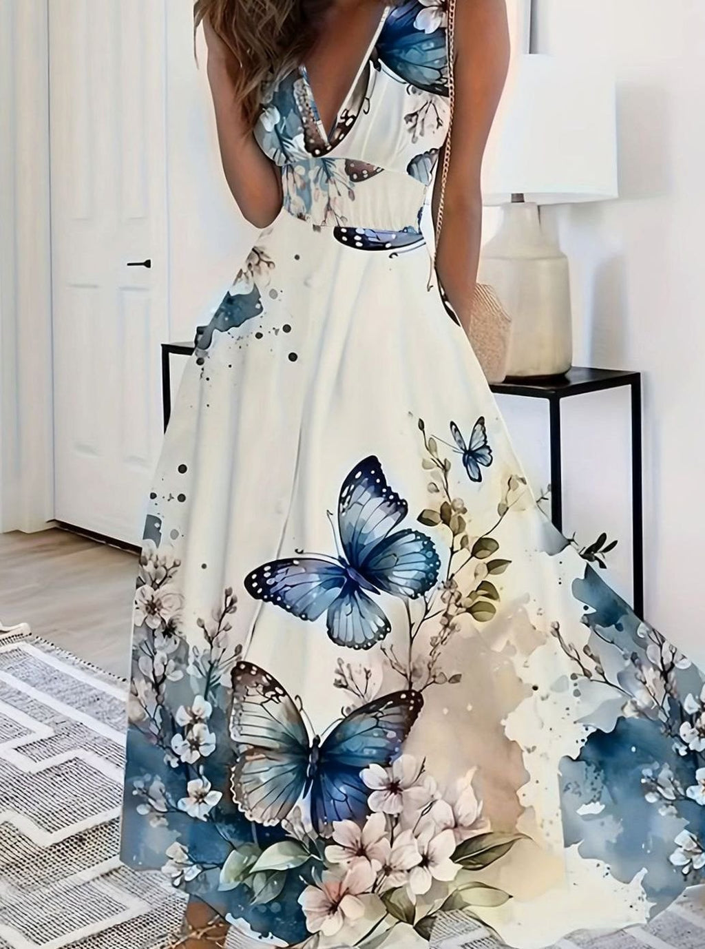 Women's Boho Sleeveless V-Neck Floral Maxi Dress - 3 Flower