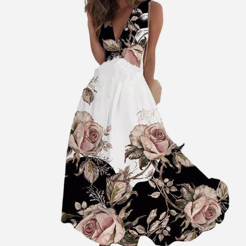 Women's Boho Sleeveless V-Neck Floral Maxi Dress - 4 Flower