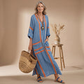 Women's Boho V-Neck Contrast-Stripe Relaxed Maxi Dress - Blue