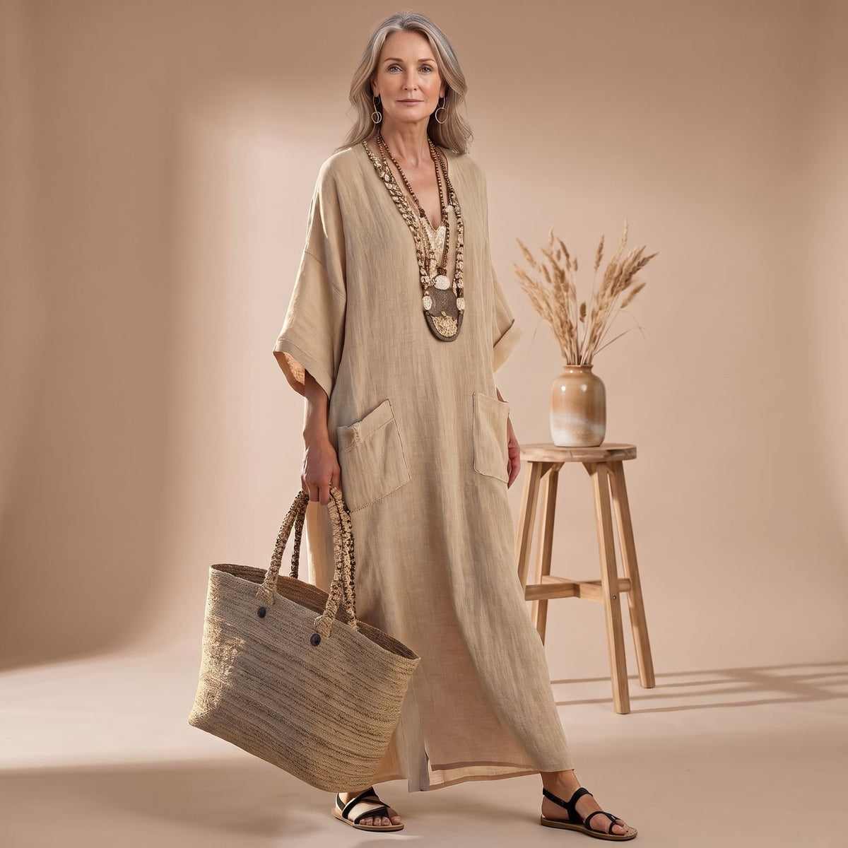 Women's Boho V-Neck Contrast-Stripe Relaxed Maxi Dress - Brown