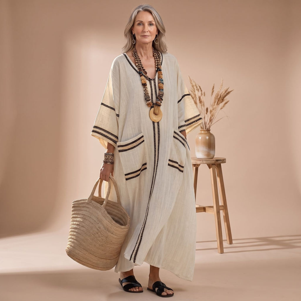 Women's Boho V-Neck Contrast-Stripe Relaxed Maxi Dress - Beige