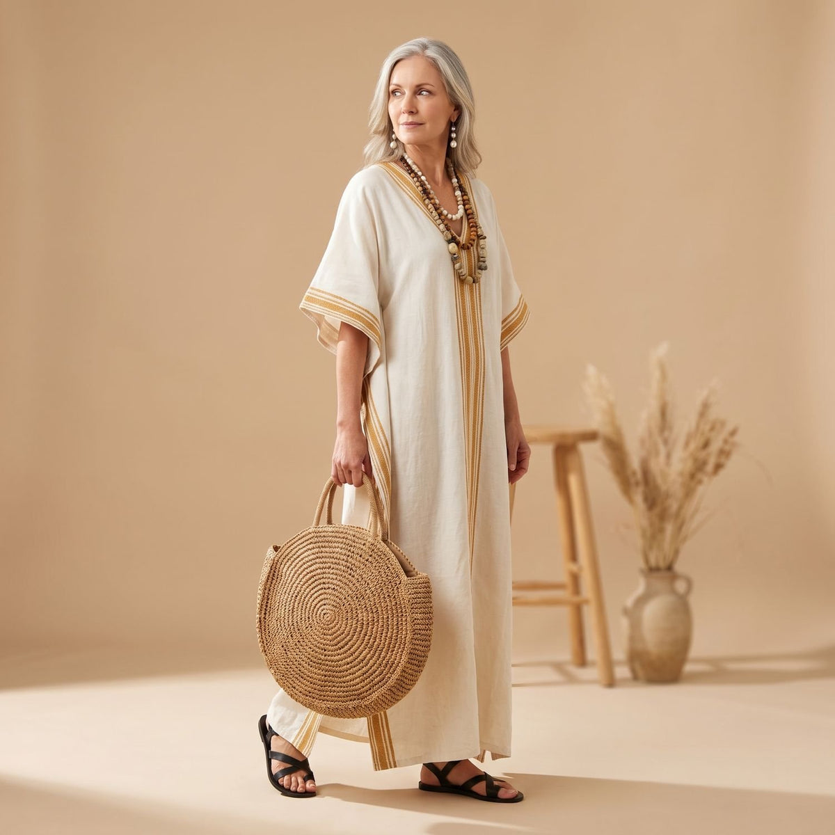 Women's Boho V-Neck Contrast-Stripe Relaxed Maxi Dress - White