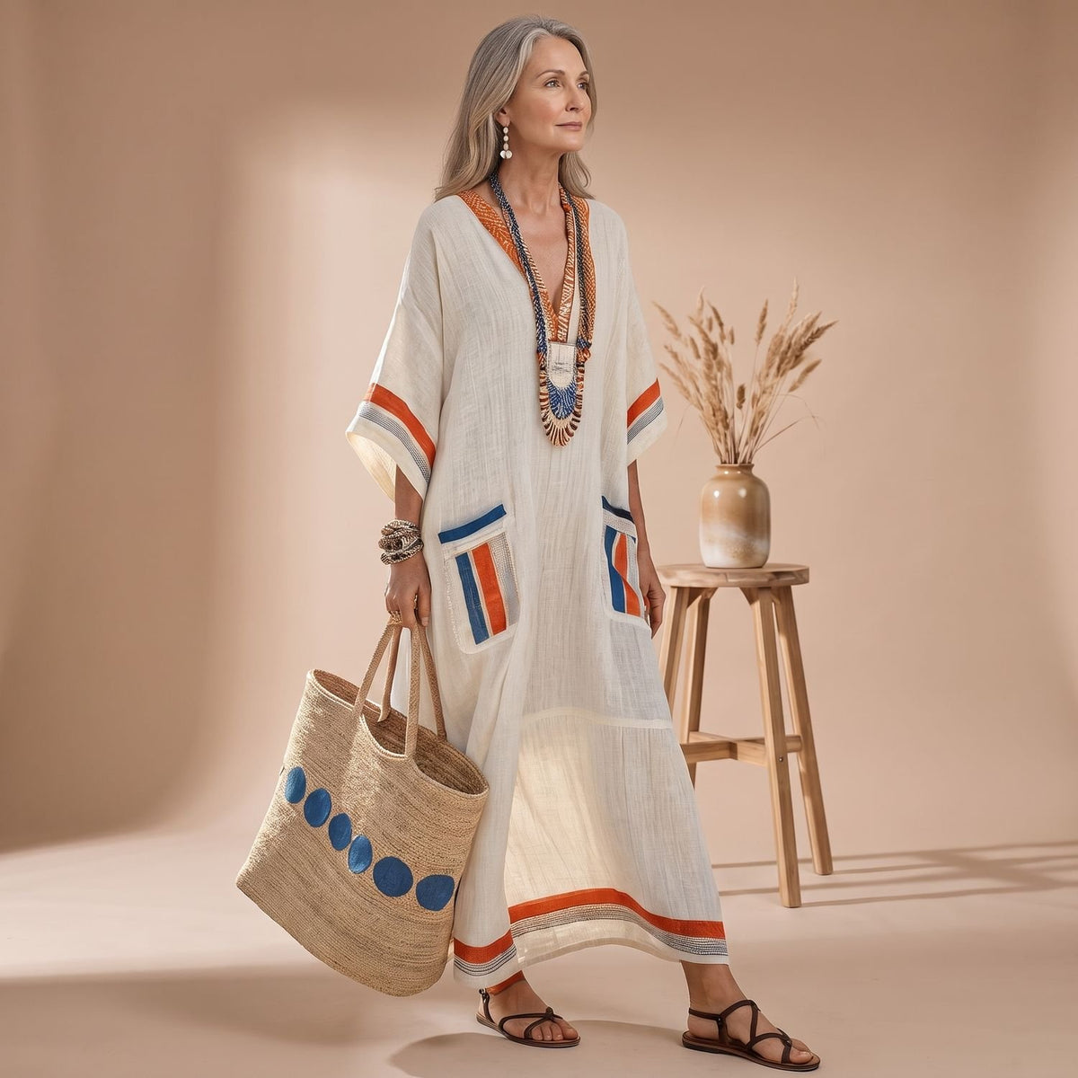 Women's Boho V-Neck Contrast-Stripe Relaxed Maxi Dress - Orange