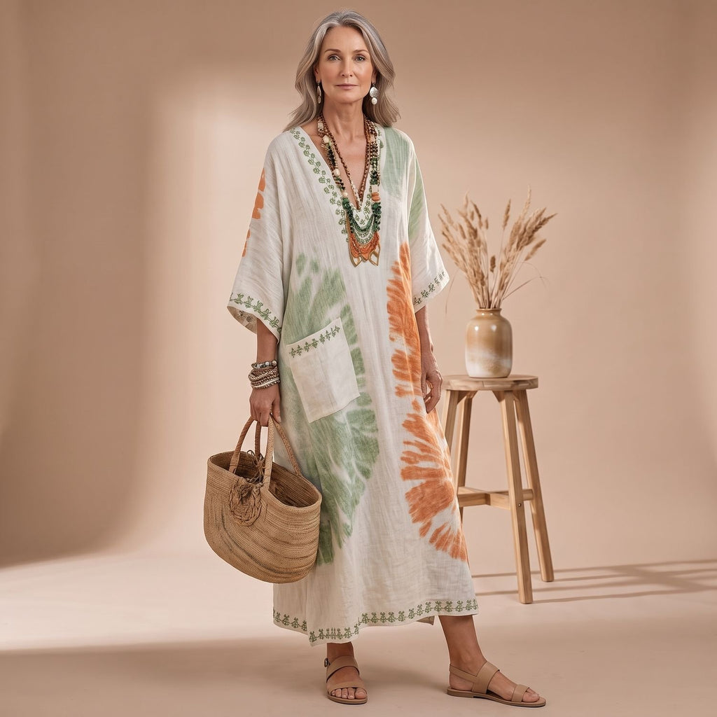 Women's Boho V-Neck Contrast-Stripe Relaxed Maxi Dress - Green