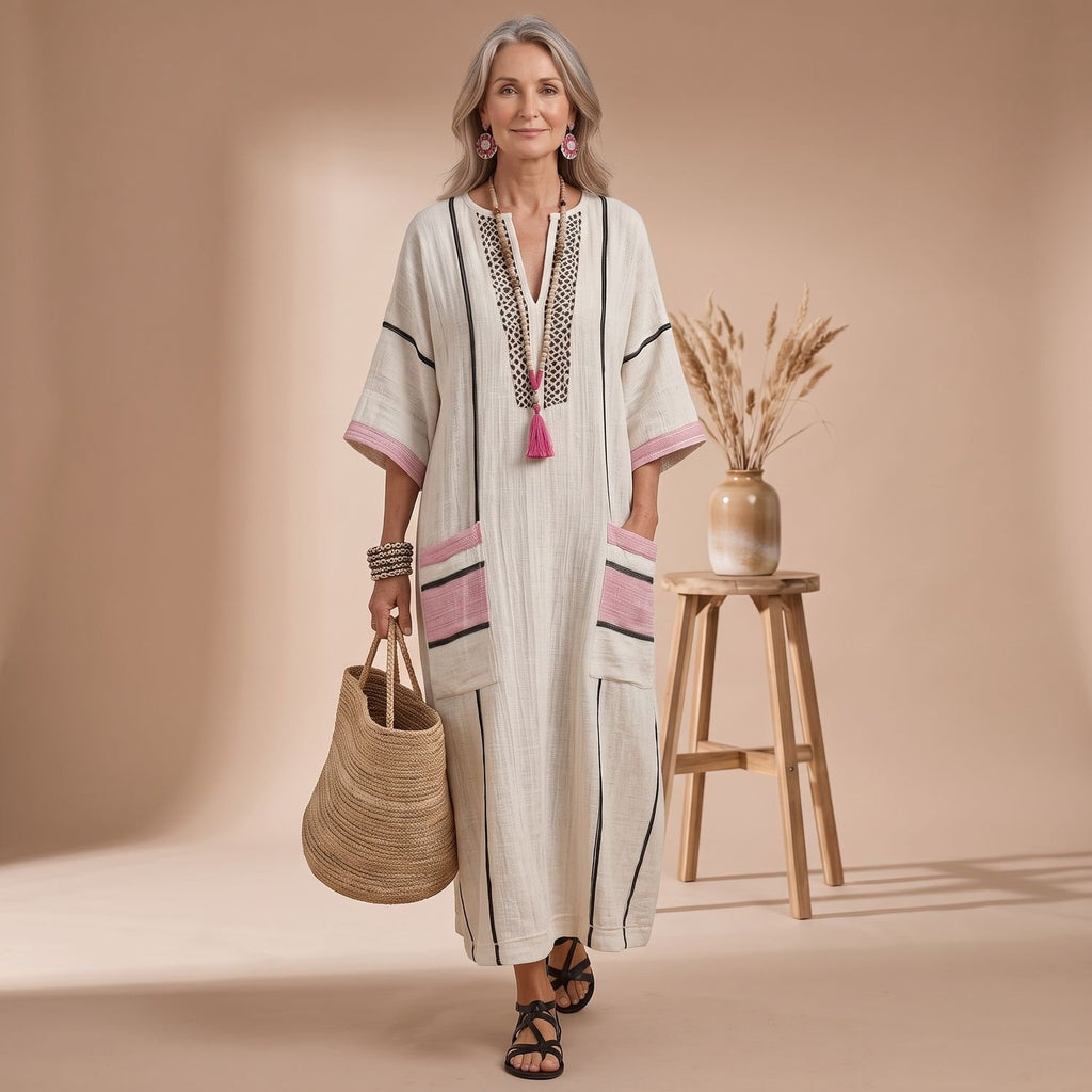 Women's Boho V-Neck Contrast-Stripe Relaxed Maxi Dress - Pink