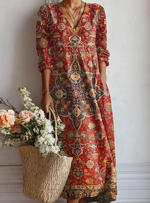 Women's Boho Vintage Aztec Long Sleeve Maxi Dress - Red