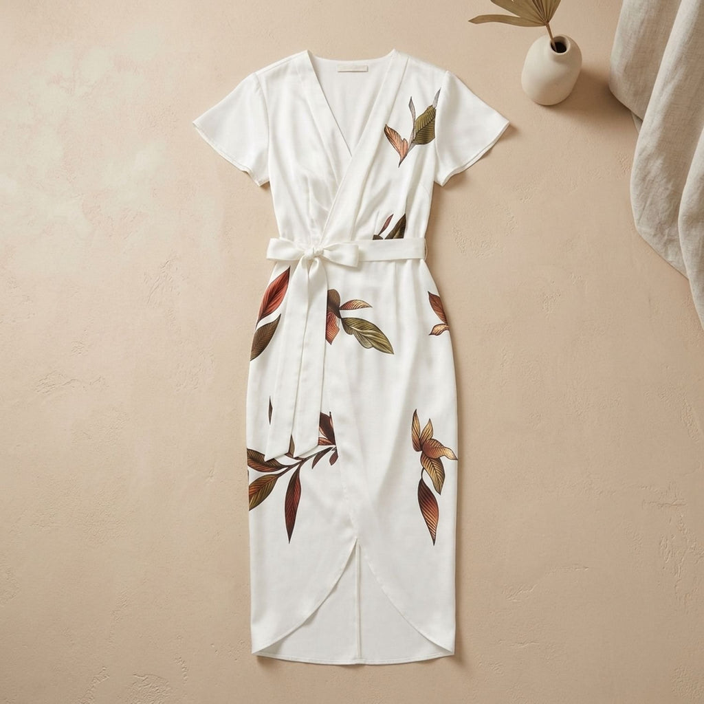 Women's Botanical Leaf Print Deep V-Neck Flutter Sleeve Wrap Midi Dress