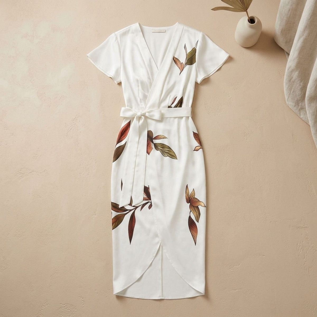 Women's Botanical Leaf Print Deep V-Neck Flutter Sleeve Wrap Midi Dress
