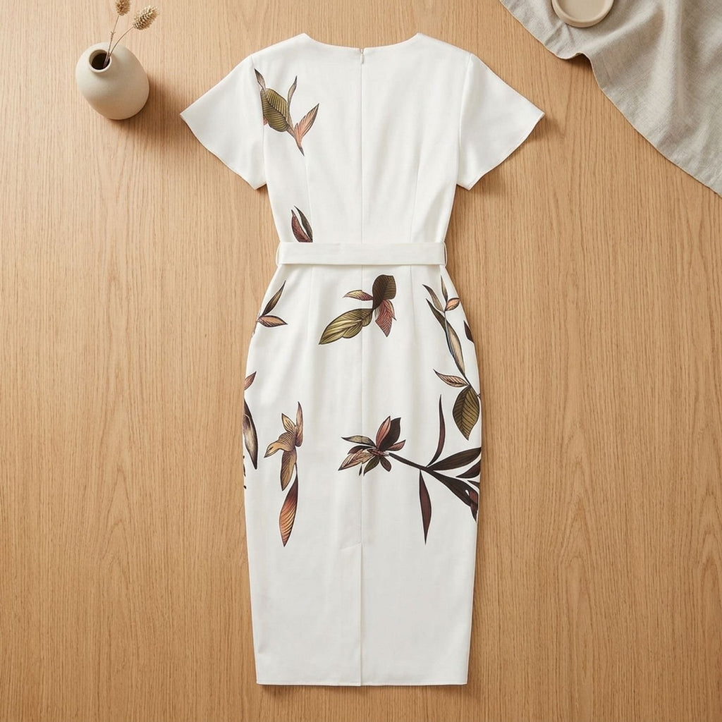 Women's Botanical Leaf Print Deep V-Neck Flutter Sleeve Wrap Midi Dress