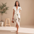 Women's Botanical Leaf Print Deep V-Neck Flutter Sleeve Wrap Midi Dress - Cream