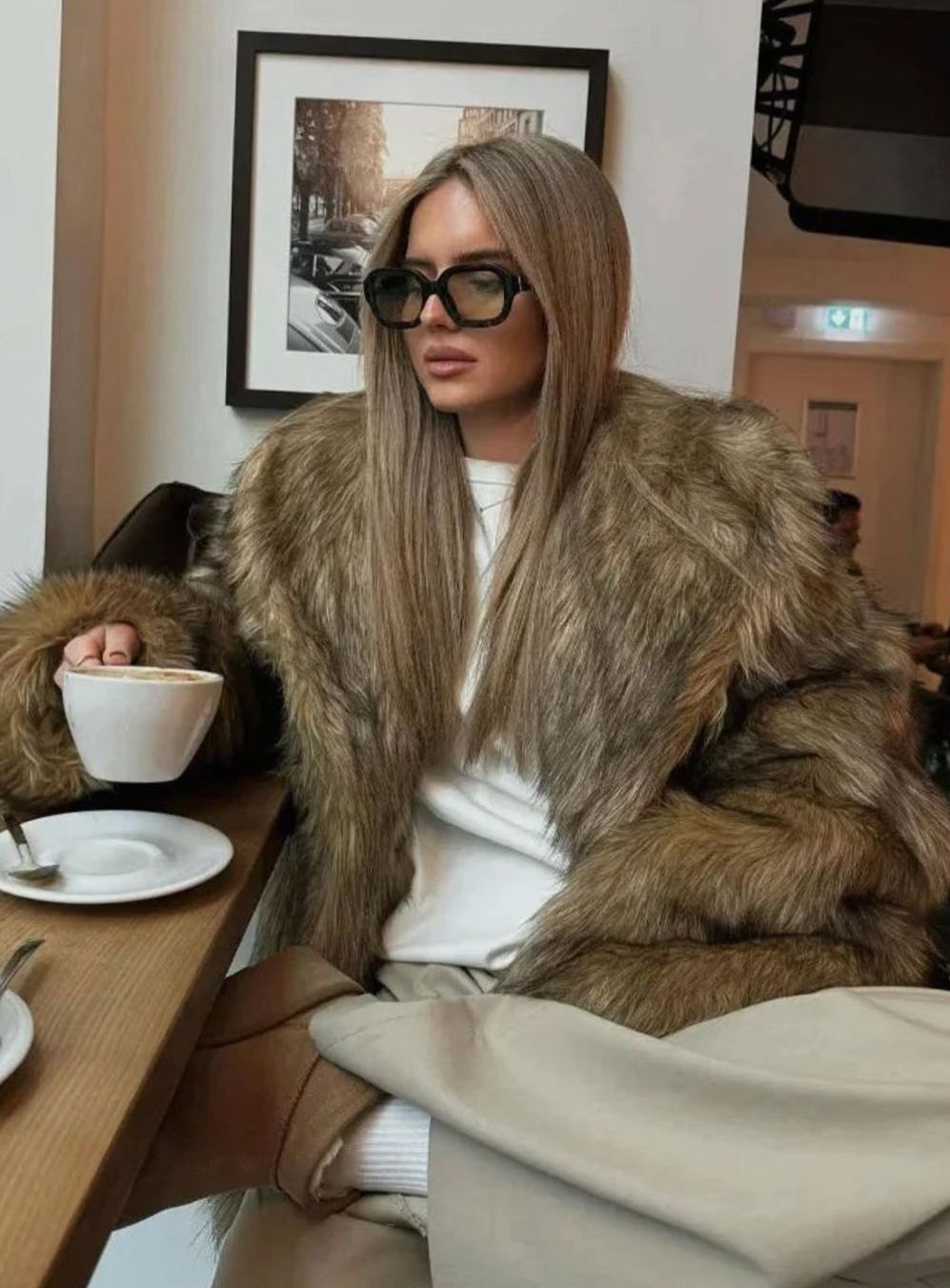 Women's Brown Faux Fur Long-Sleeve Winter Coat