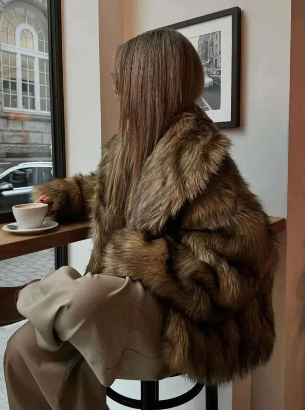 Women's Brown Faux Fur Long-Sleeve Winter Coat