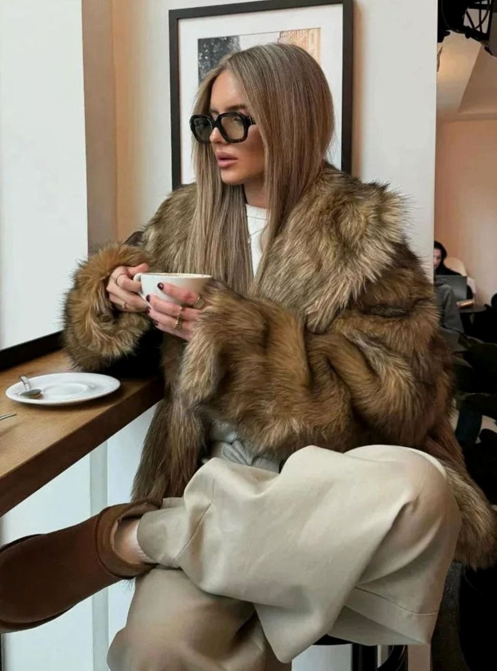 Women's Brown Faux Fur Long-Sleeve Winter Coat