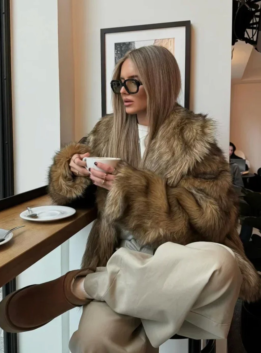 Women's Brown Faux Fur Long-Sleeve Winter Coat