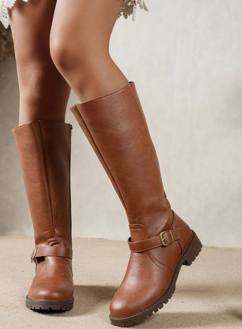 Women's Buckle-Strap Block-Heel Knee High Boots - Brown
