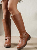Women's Buckle-Strap Block-Heel Knee High Boots - Brown