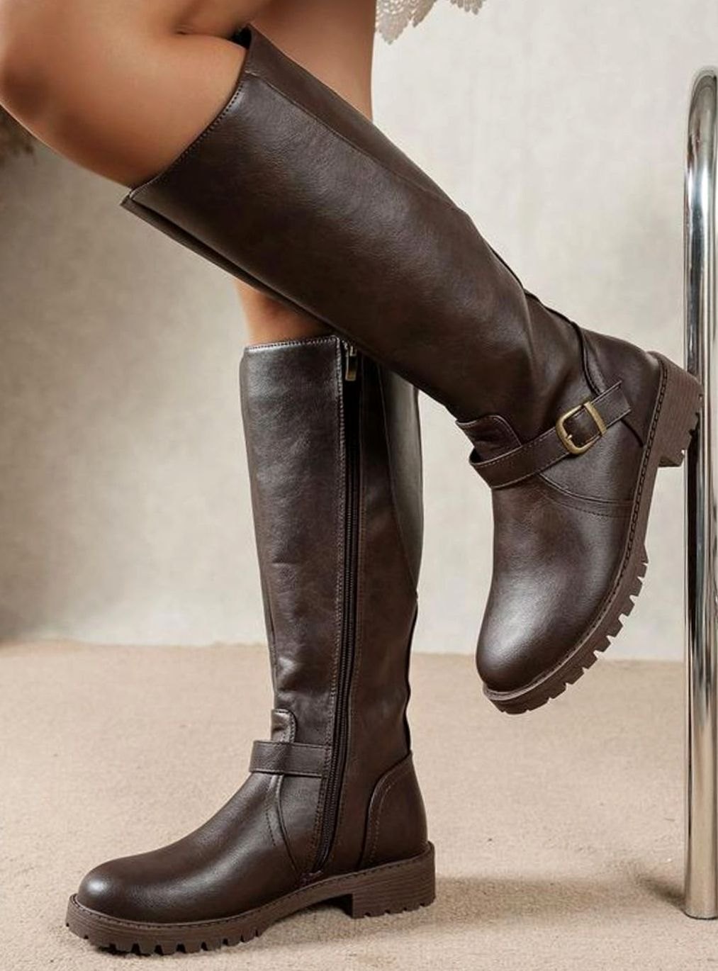 Women's Buckle-Strap Block-Heel Knee High Boots - Dark Brown